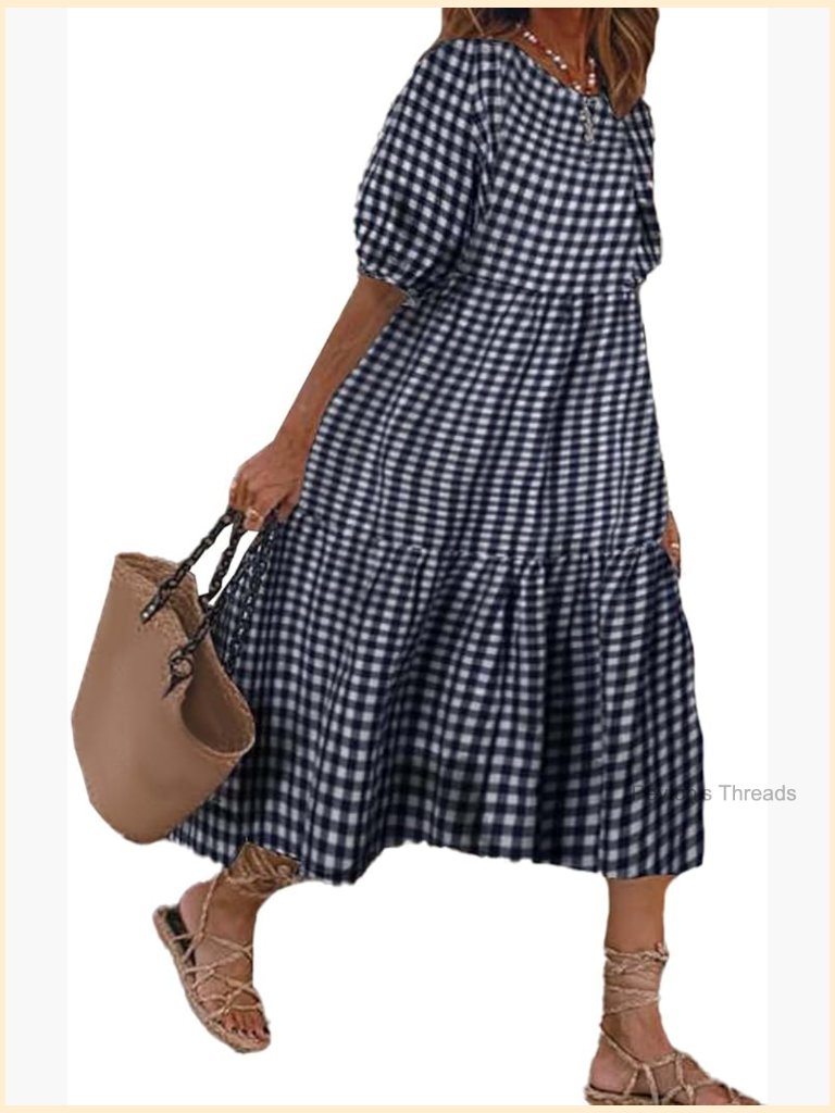 Women's Retro Plaid Lantern Puff Sleeve Long Dress Casual Loose Swing Pleated